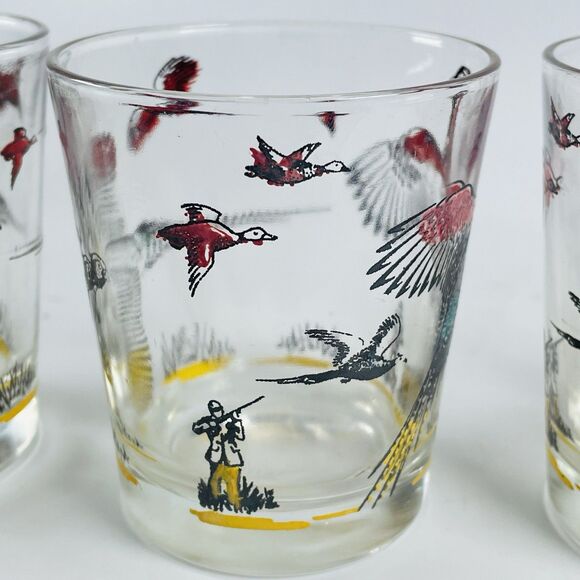 4 VTG Hazel Atlas Pheasant Hunter Low Ball Double Shot Barware Whiskey Glasses - Picture 6 of 10